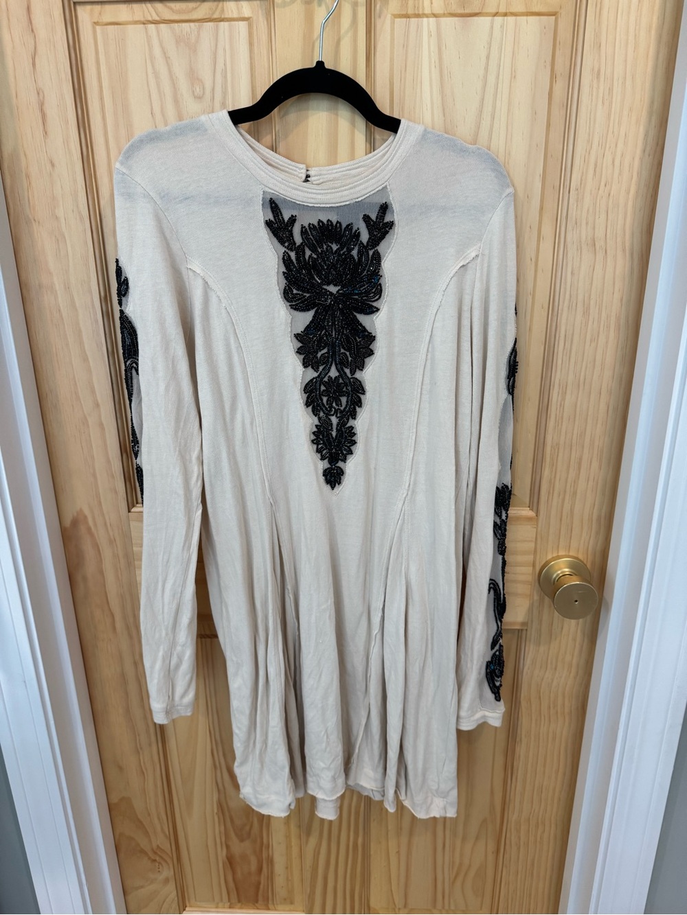 Beige Mini Dress with Black and Blue Beaded Appliqué
